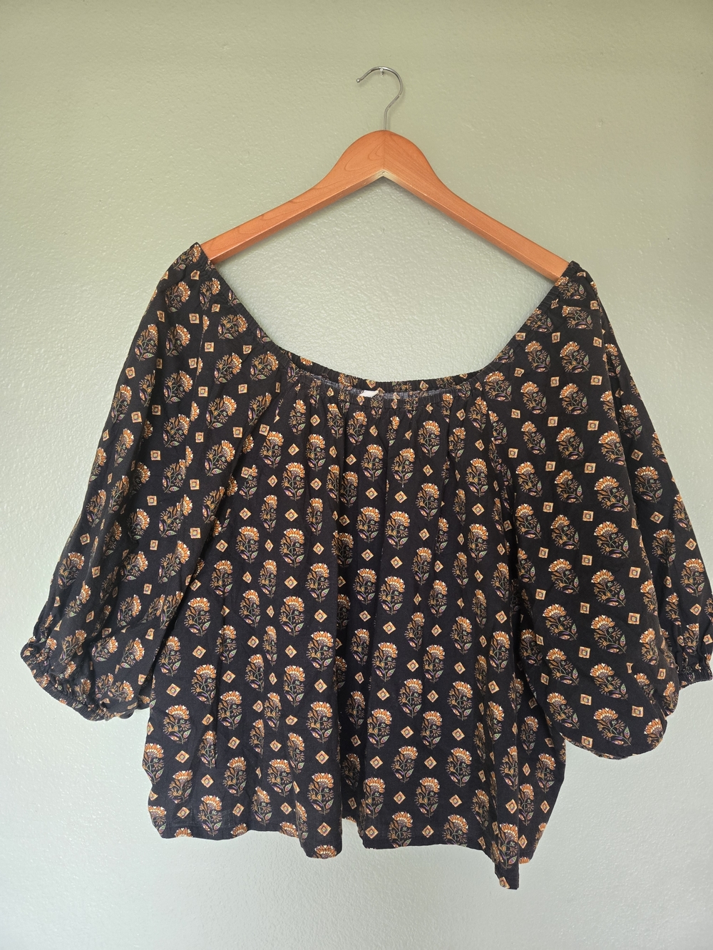 MNG Brown And Orange Print Off-Shoulder Top, Peasant, Boho, 100% Cotton, Gypsy